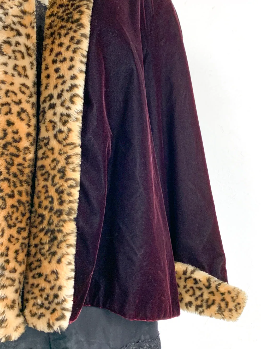 Patra Deep Burgundy Crushed Velvet Coat with Leopard Trim