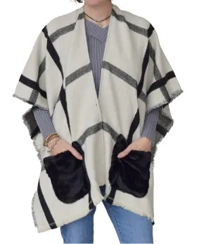 Plaid Ruana with Faux Fur Pocket by Marcus Adler