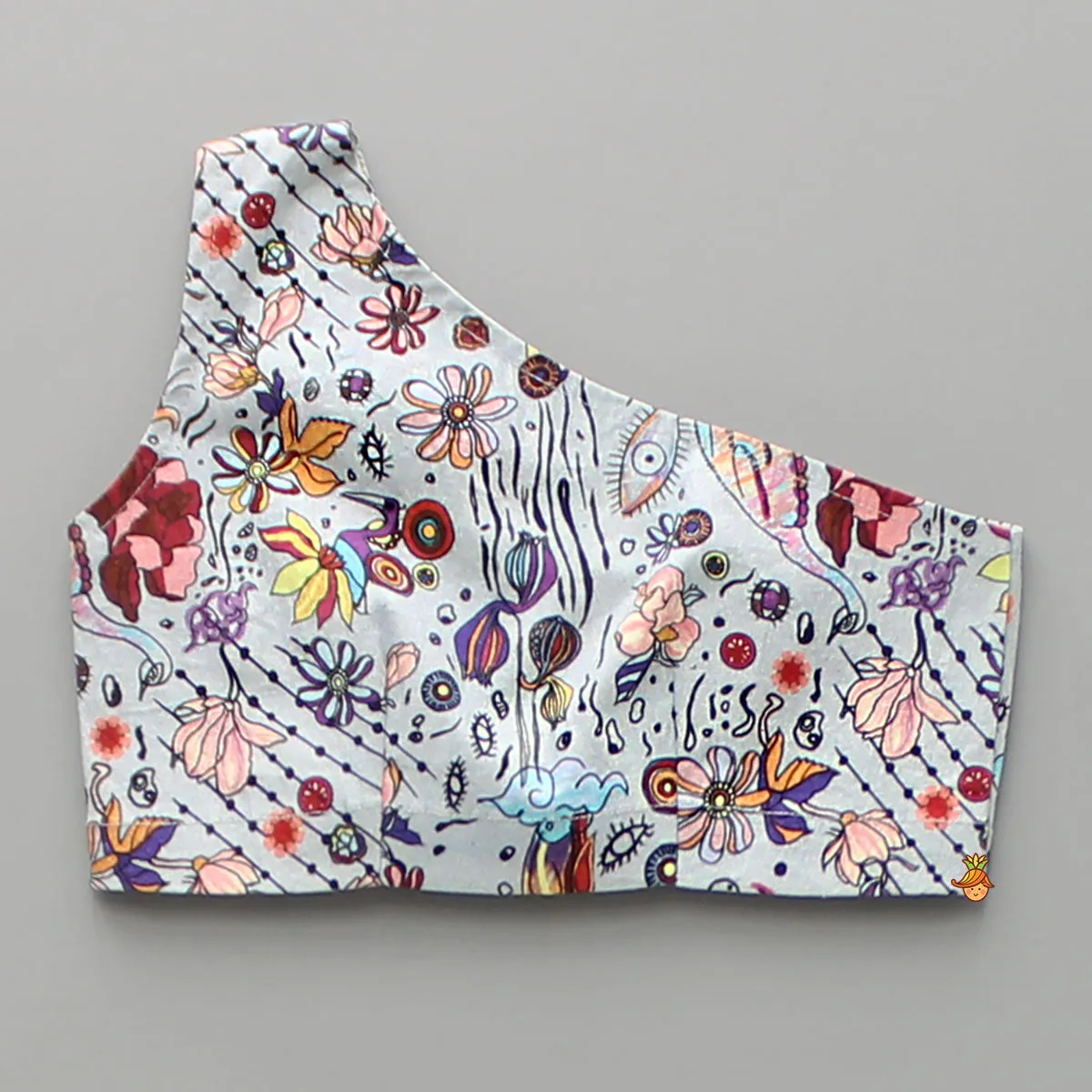 Printed One Shoulder Top And Embroidered Cape With Matching Pant