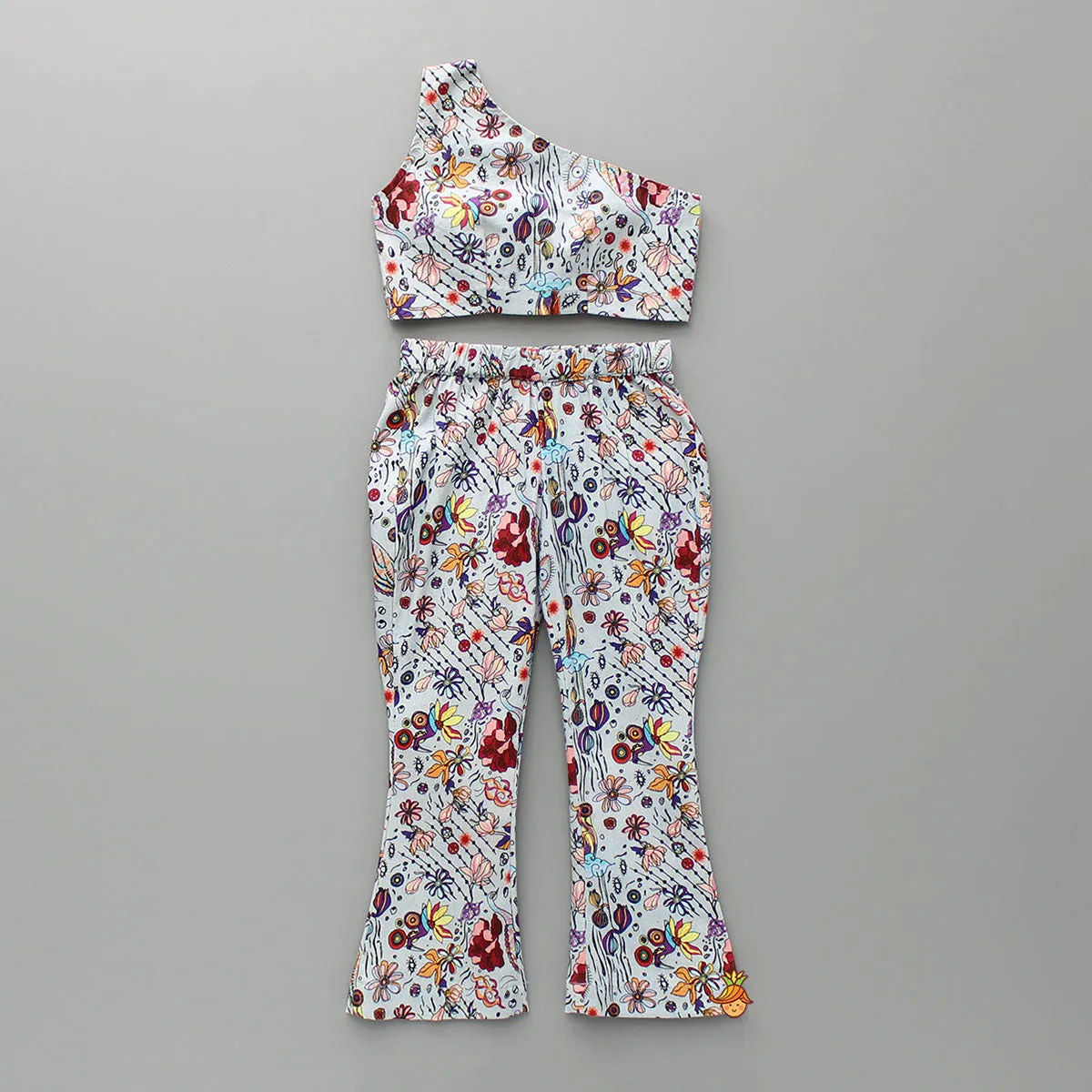 Printed One Shoulder Top And Embroidered Cape With Matching Pant