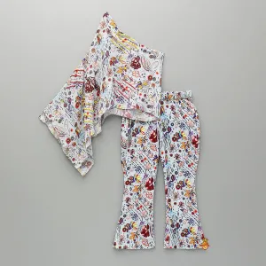 Printed One Shoulder Top And Embroidered Cape With Matching Pant