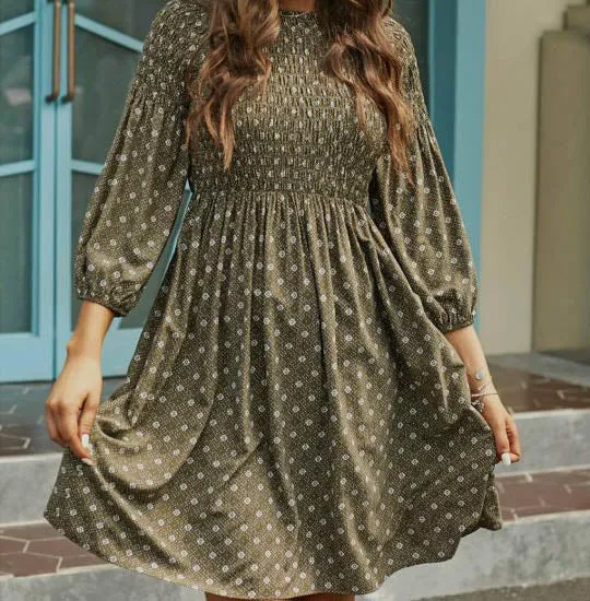 Printed Smoking detail A-Line Dress