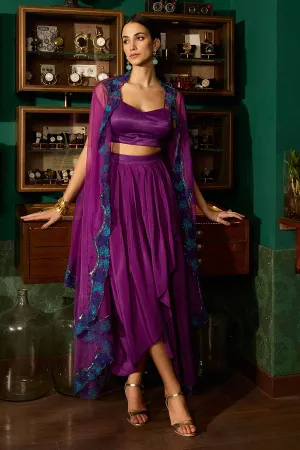 Purple Bustier & Draped Skirt With Embroidered Cape Set