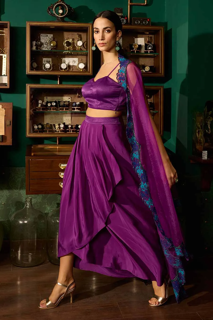 Purple Bustier & Draped Skirt With Embroidered Cape Set