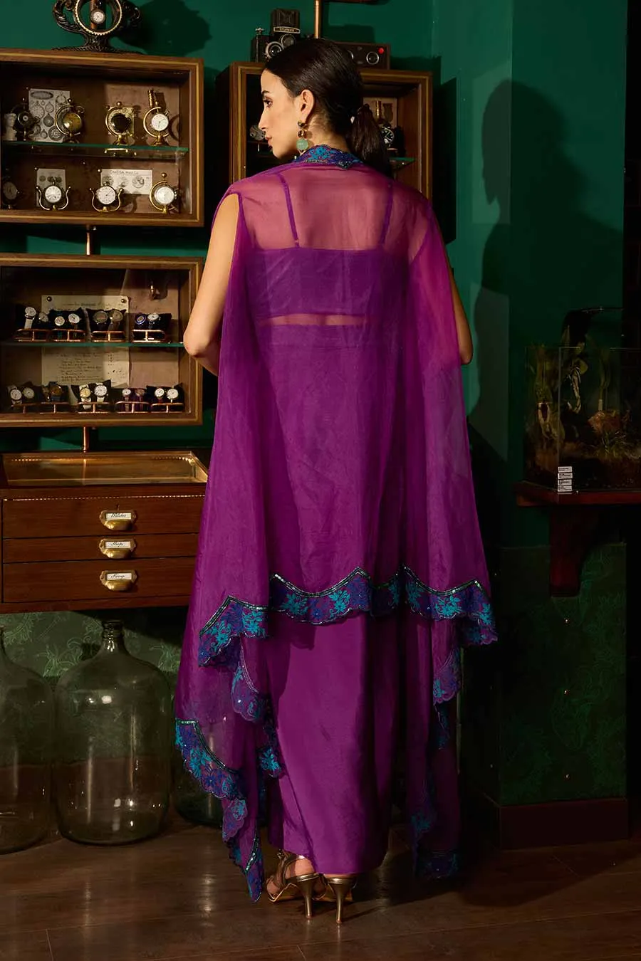 Purple Bustier & Draped Skirt With Embroidered Cape Set