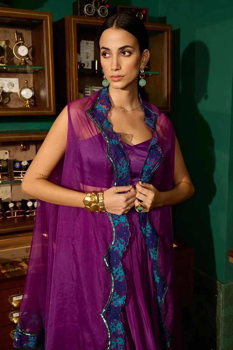Purple Bustier & Draped Skirt With Embroidered Cape Set