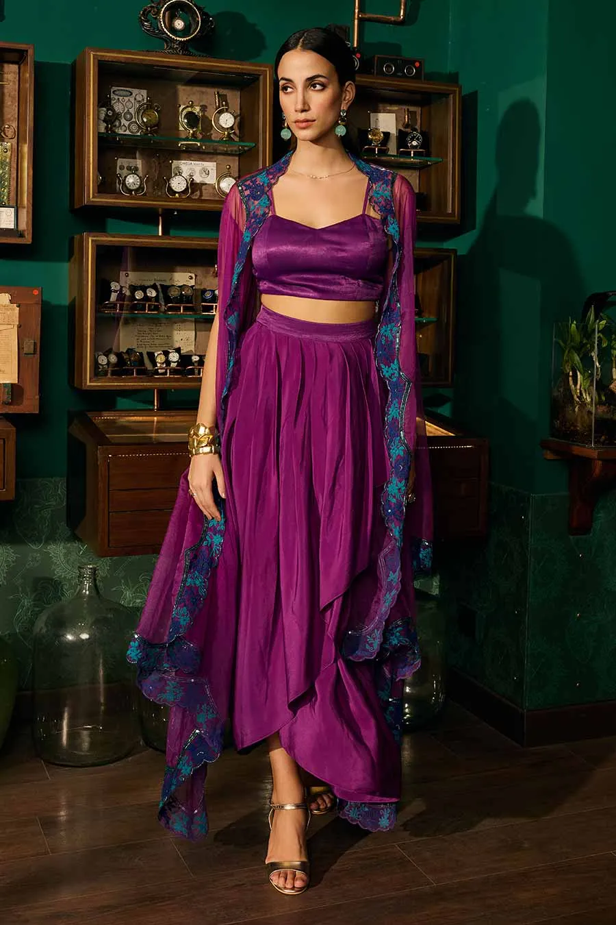 Purple Bustier & Draped Skirt With Embroidered Cape Set