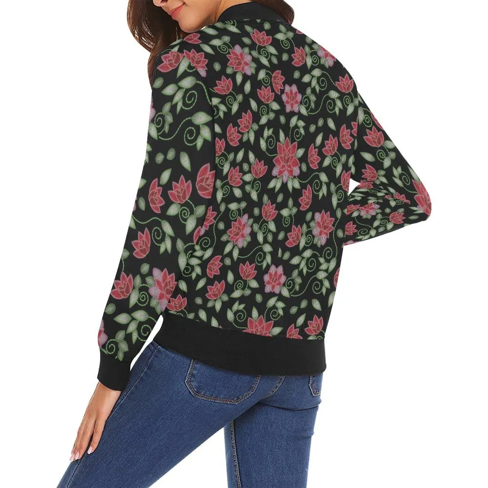 Red Beaded Rose Bomber Jacket for Women