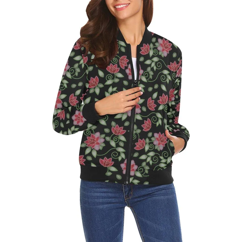 Red Beaded Rose Bomber Jacket for Women