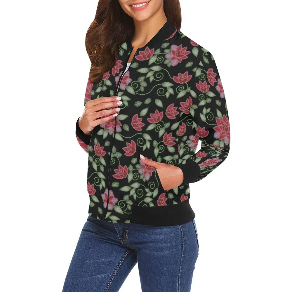 Red Beaded Rose Bomber Jacket for Women