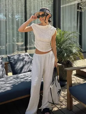 Relaxed Textured Women's One-Shoulder Top & Vacation Pants Set