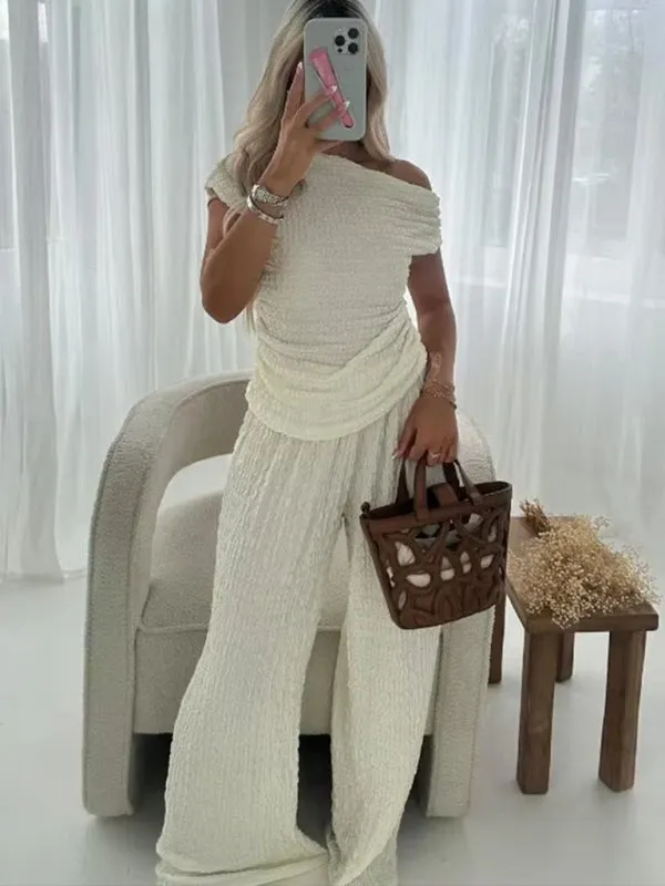 Relaxed Textured Women's One-Shoulder Top & Vacation Pants Set