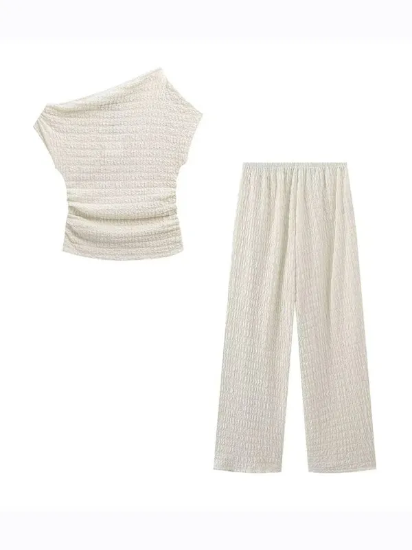 Relaxed Textured Women's One-Shoulder Top & Vacation Pants Set