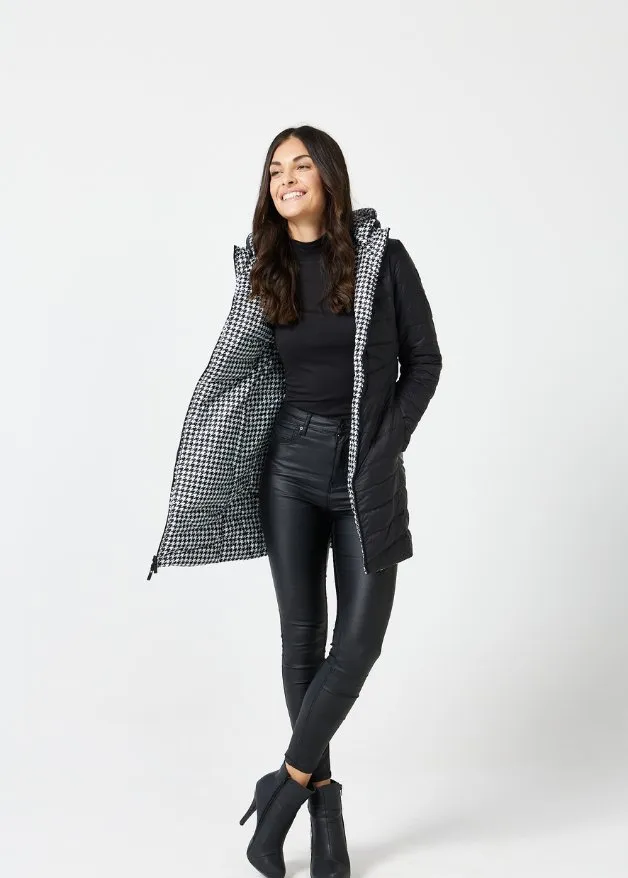 Reversible Black Houndstooth Duck Down Puffer Coat