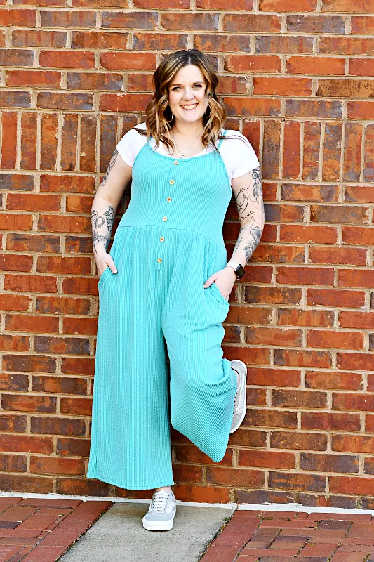 Ribbed Jumpsuit in Aqua