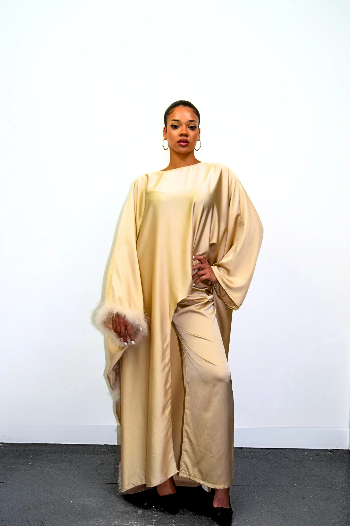 Satin Fur Trim Abaya Co ord Set