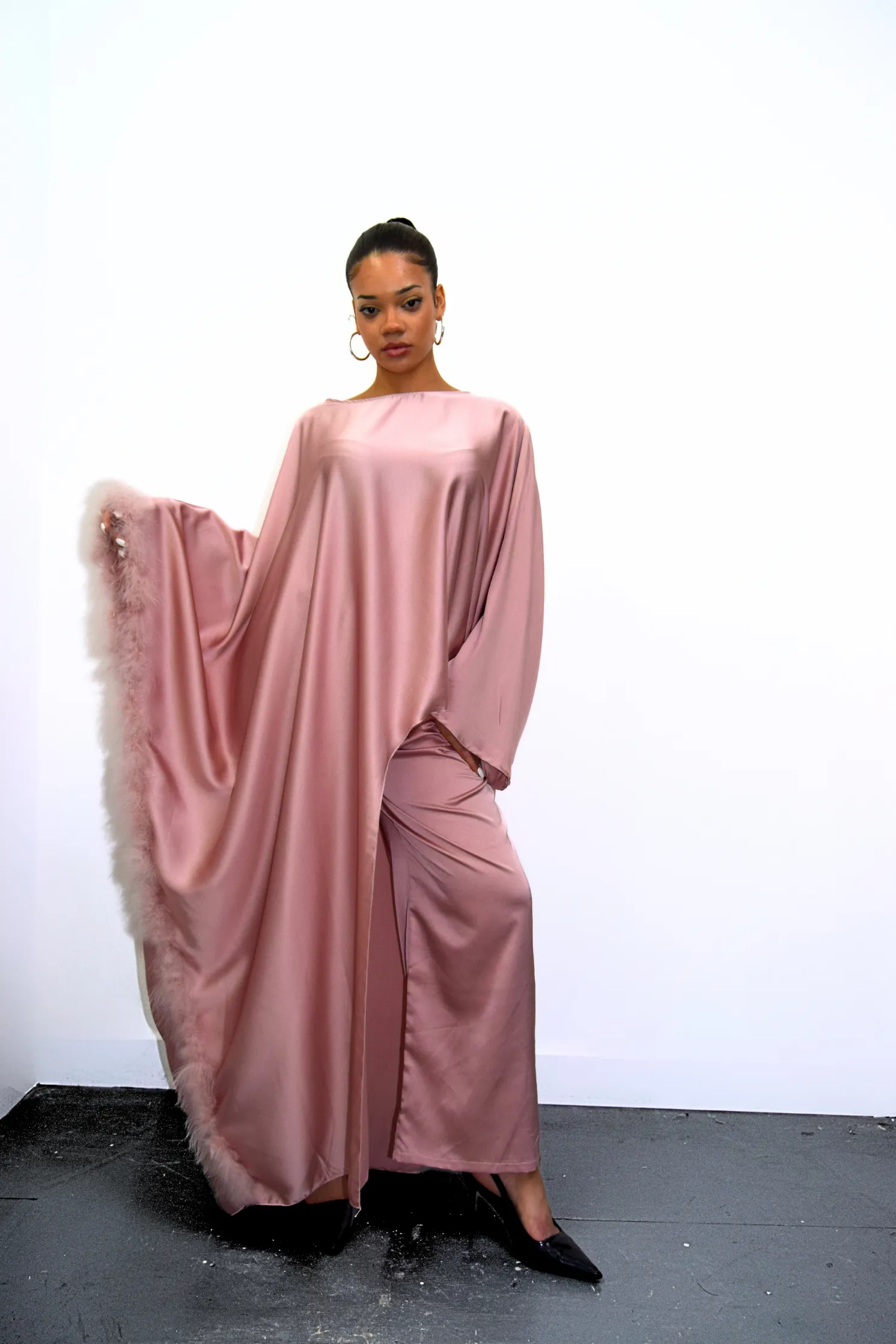 Satin Fur Trim Abaya Co ord Set