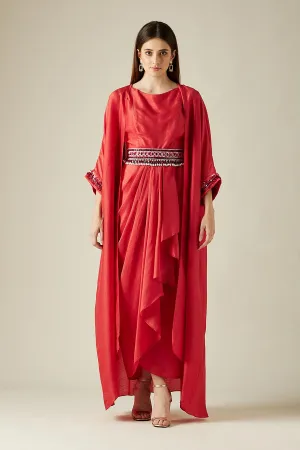 Scarlet Red Drape Dress & Cape Set