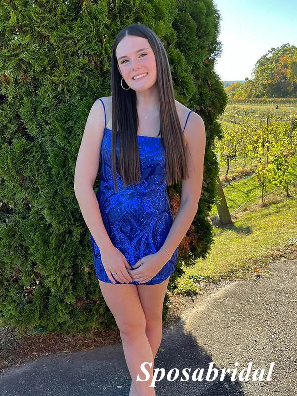 Shiny Sequin Lace Spaghetti Straps Sleeveless Sheath Mini Dresses/ Homecoming Dresses, PD3604
