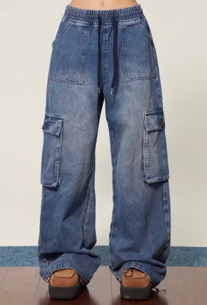 Shyanne Washed Denim Blue Multi Pocket Straight Leg High Waist Jeans Pants
