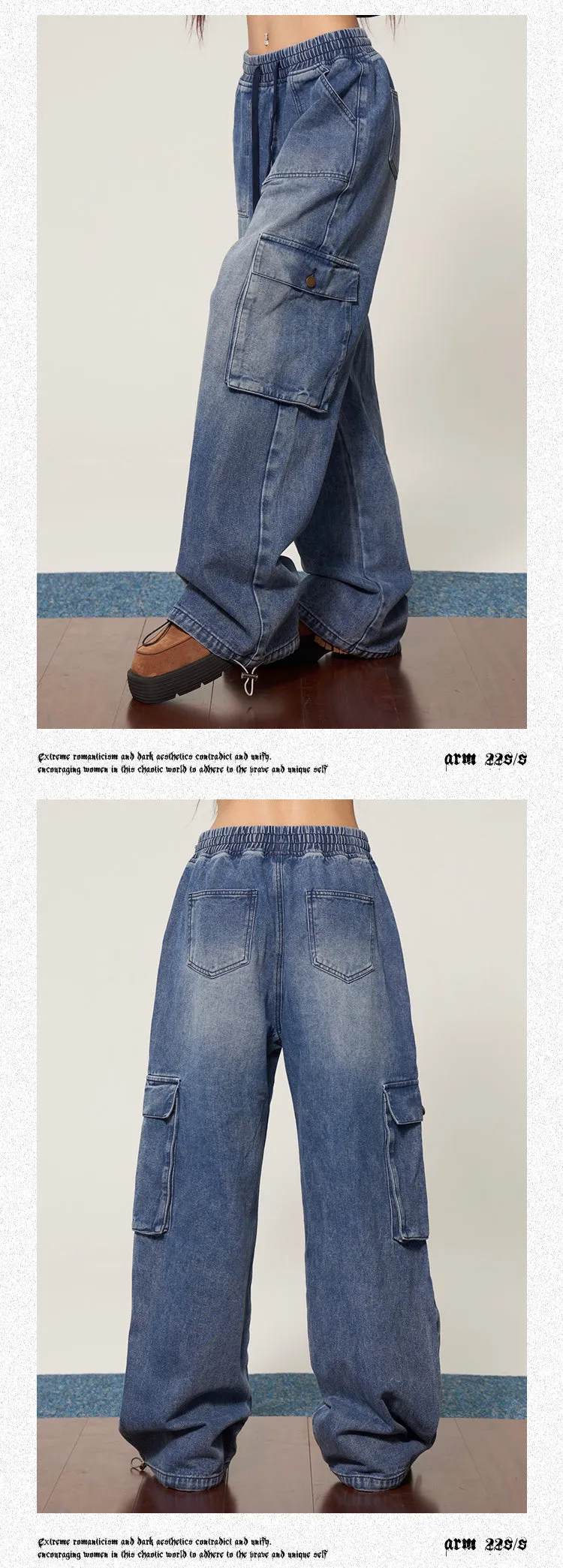 Shyanne Washed Denim Blue Multi Pocket Straight Leg High Waist Jeans Pants