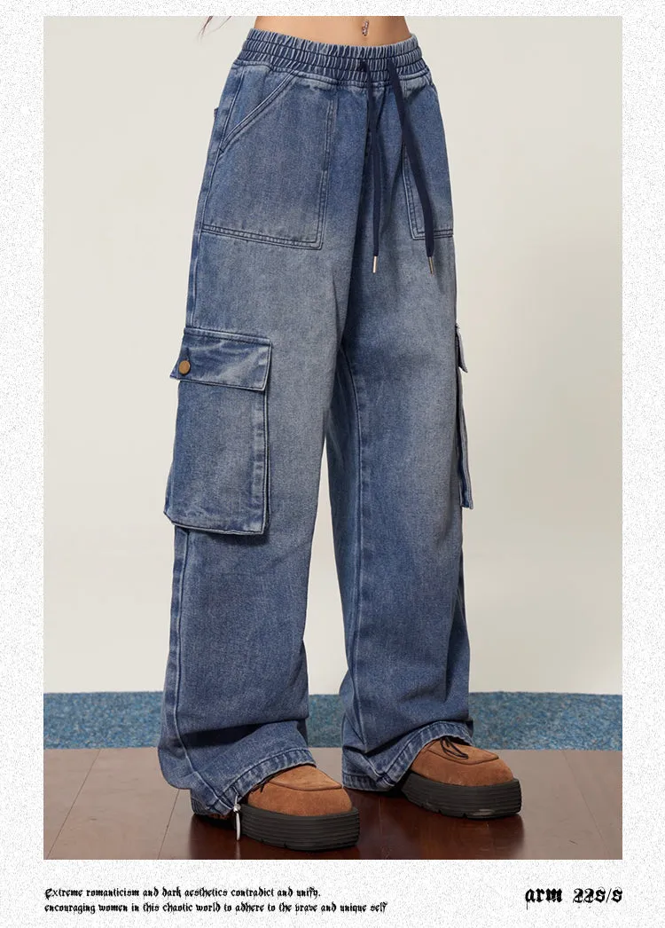 Shyanne Washed Denim Blue Multi Pocket Straight Leg High Waist Jeans Pants
