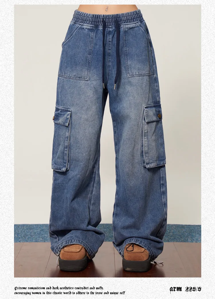 Shyanne Washed Denim Blue Multi Pocket Straight Leg High Waist Jeans Pants