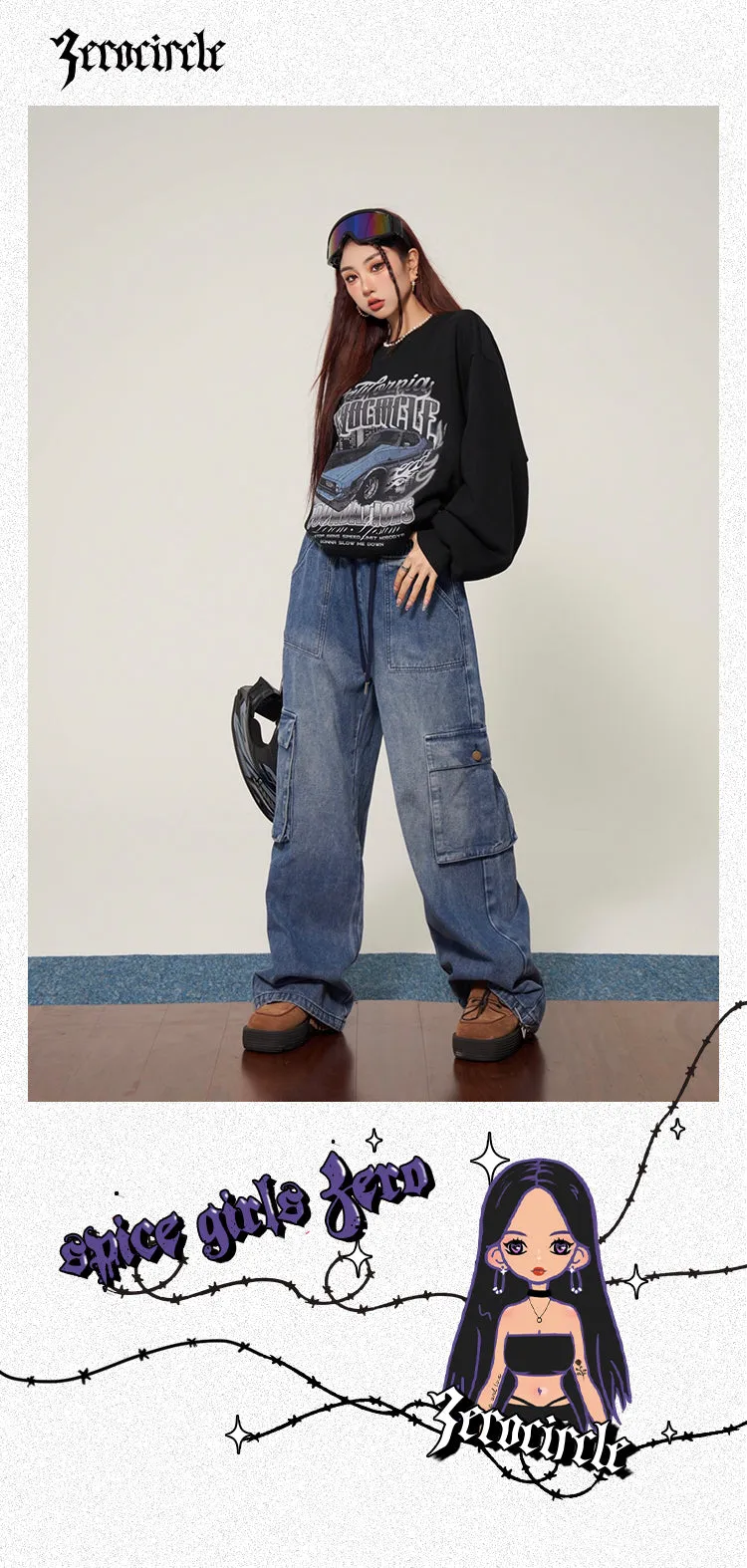 Shyanne Washed Denim Blue Multi Pocket Straight Leg High Waist Jeans Pants