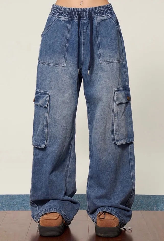 Shyanne Washed Denim Blue Multi Pocket Straight Leg High Waist Jeans Pants