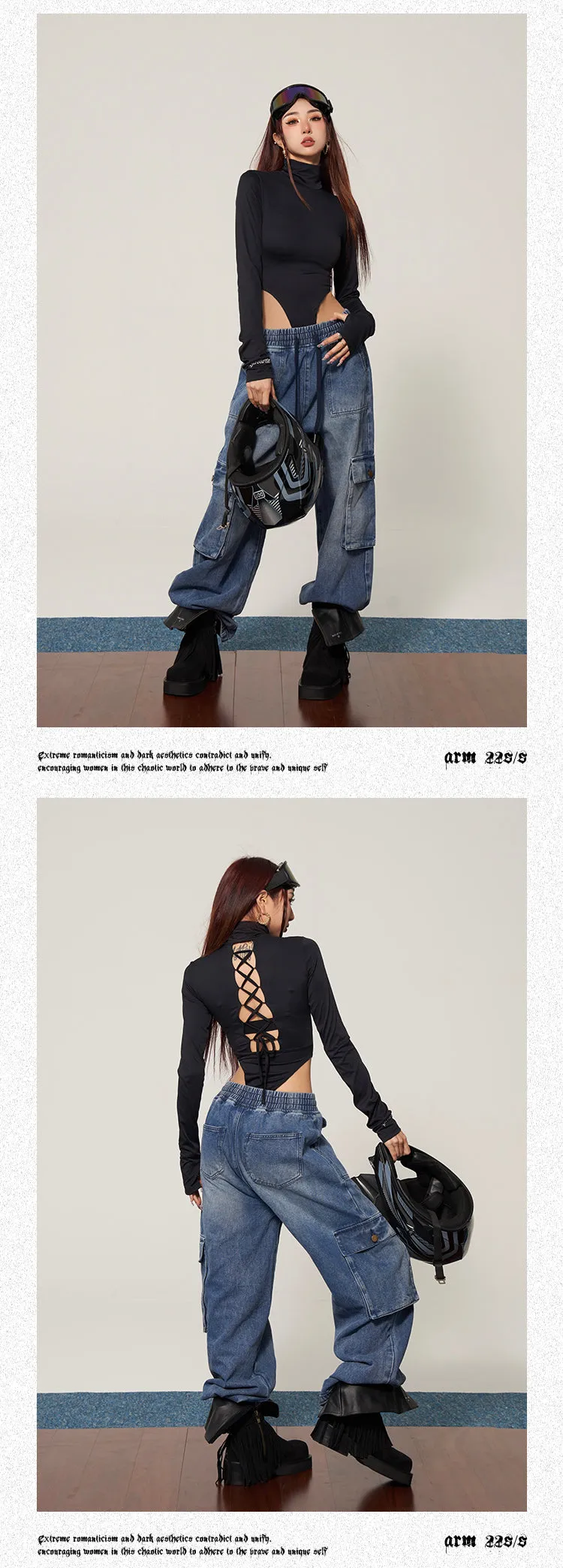 Shyanne Washed Denim Blue Multi Pocket Straight Leg High Waist Jeans Pants