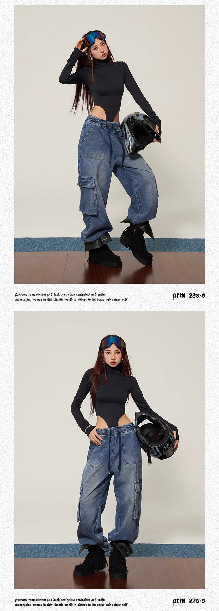 Shyanne Washed Denim Blue Multi Pocket Straight Leg High Waist Jeans Pants