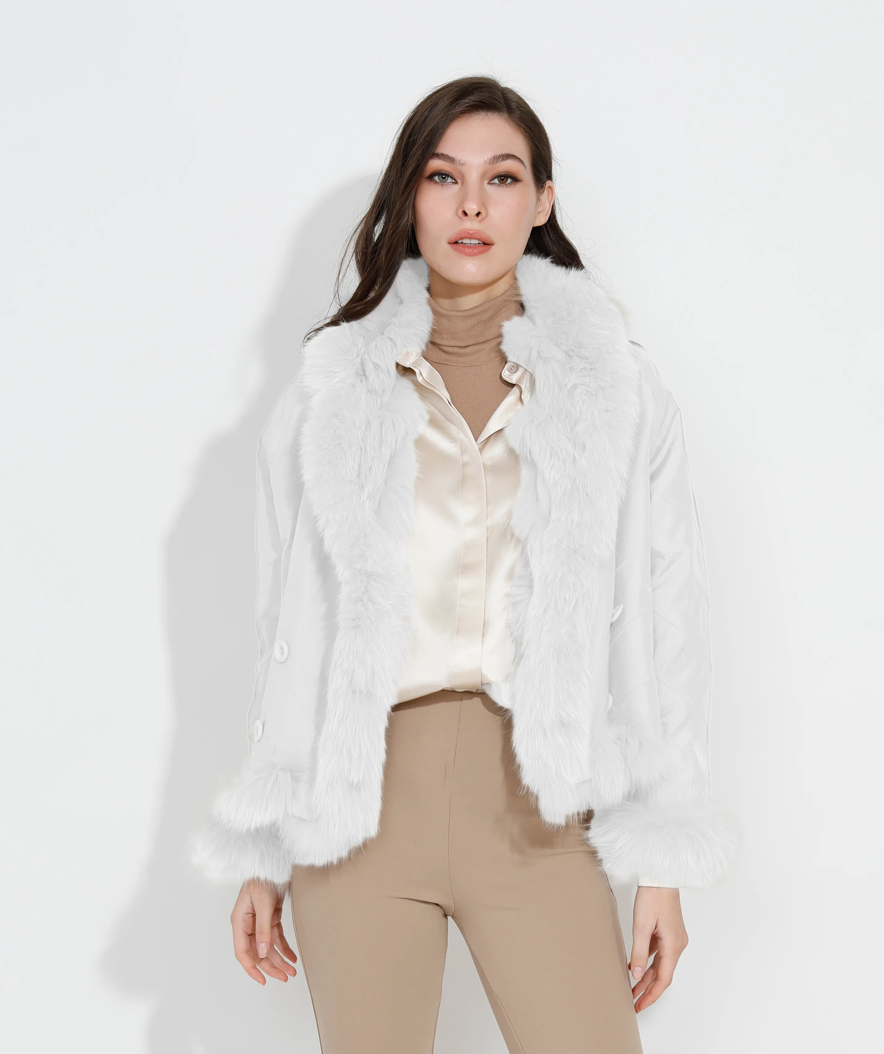 SILK REVERSIBLE DOUBLE BREASTED BOMBER IN IRISH CREAM