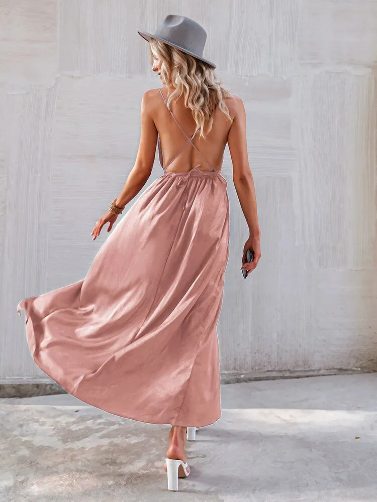 Simplee Pink Backless Halter Dress
