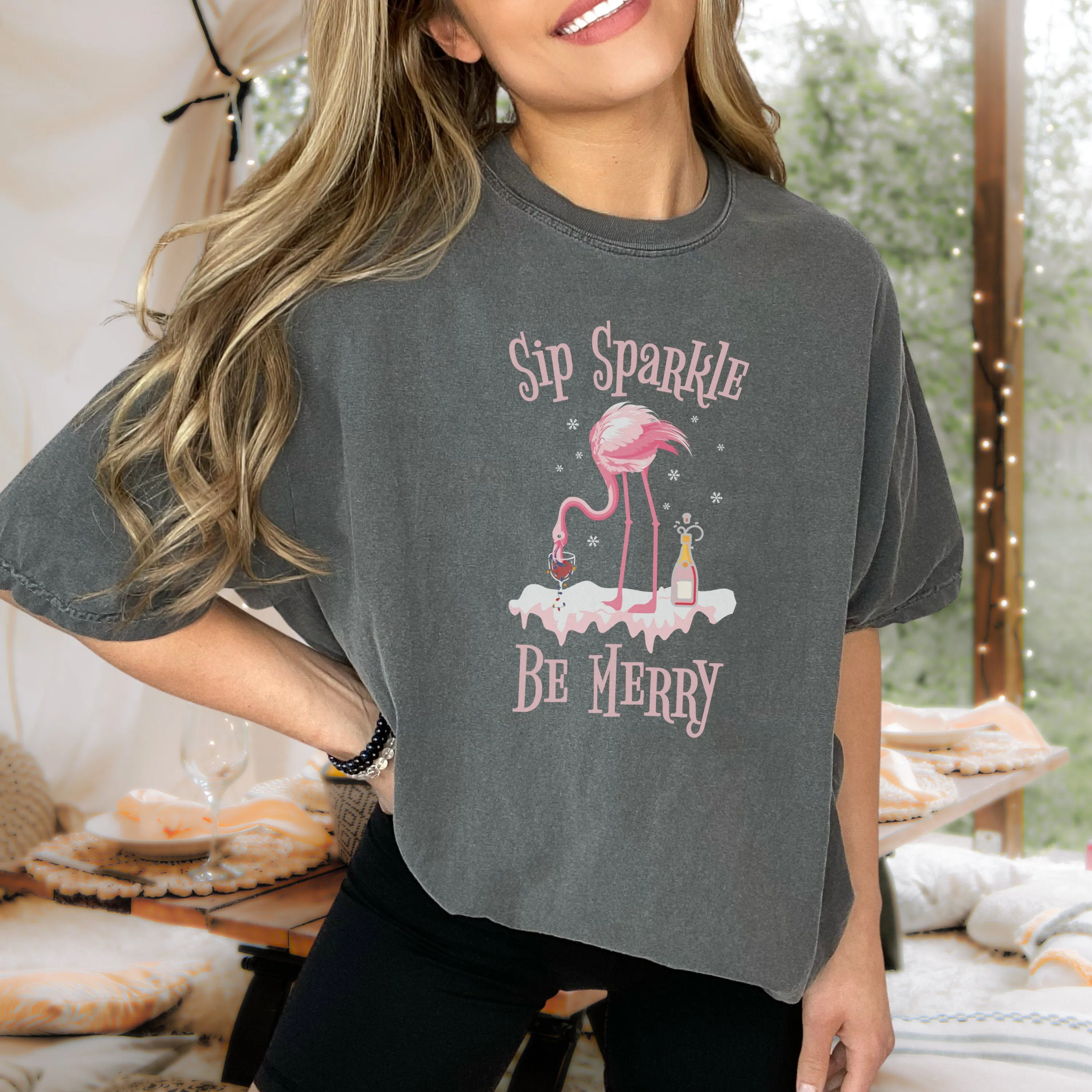 Sip Sparkle Be Merry Comfort Color Shirt, Christmas Champagne Shirt, Flamingo Christmas in July Shirt