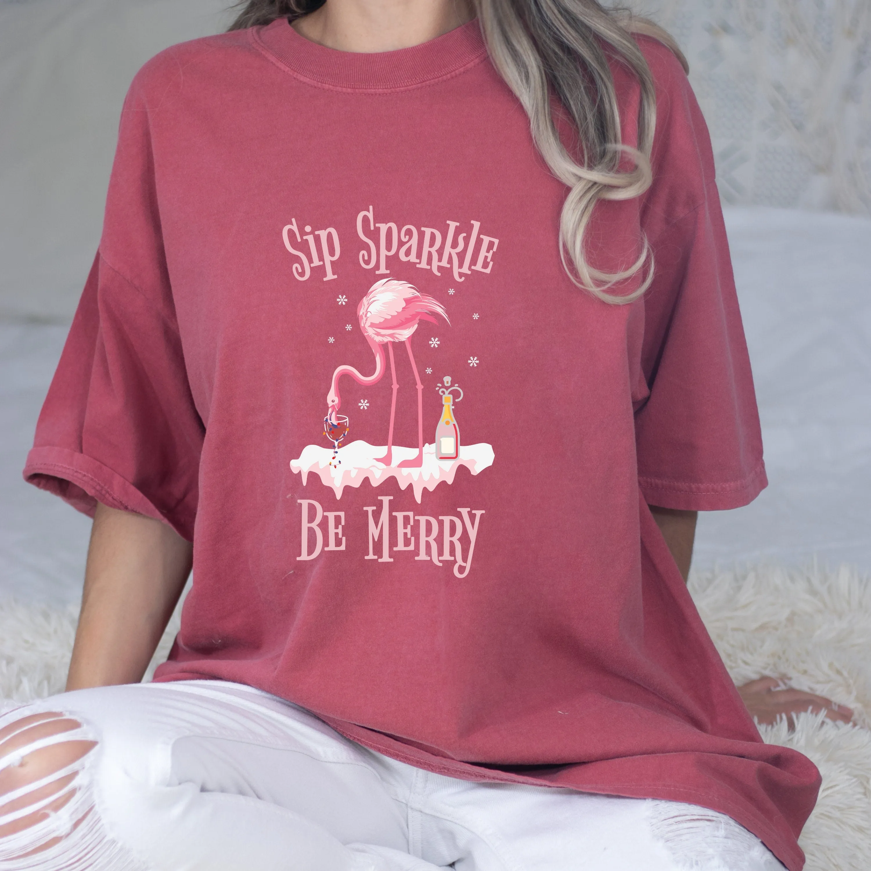 Sip Sparkle Be Merry Comfort Color Shirt, Christmas Champagne Shirt, Flamingo Christmas in July Shirt