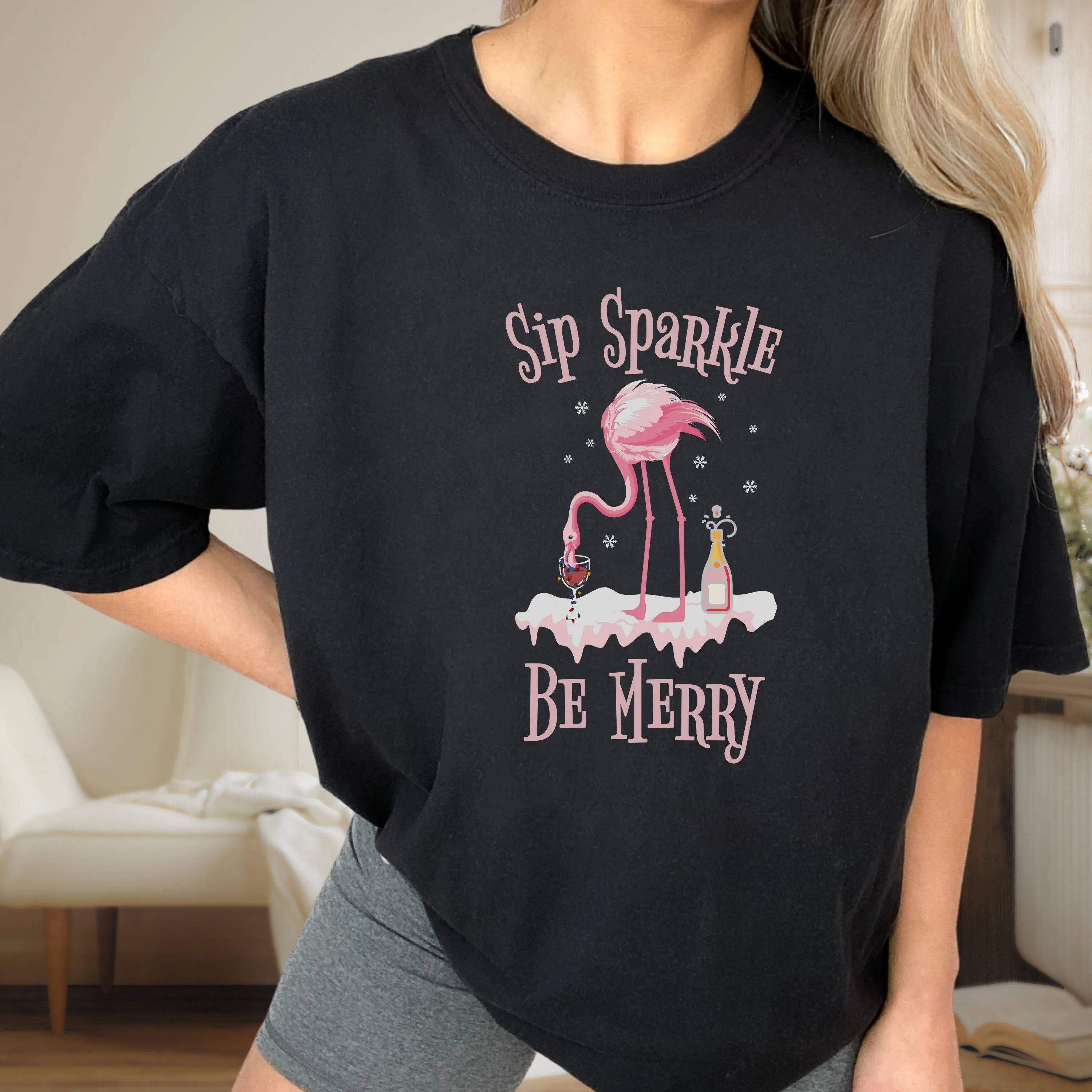 Sip Sparkle Be Merry Comfort Color Shirt, Christmas Champagne Shirt, Flamingo Christmas in July Shirt