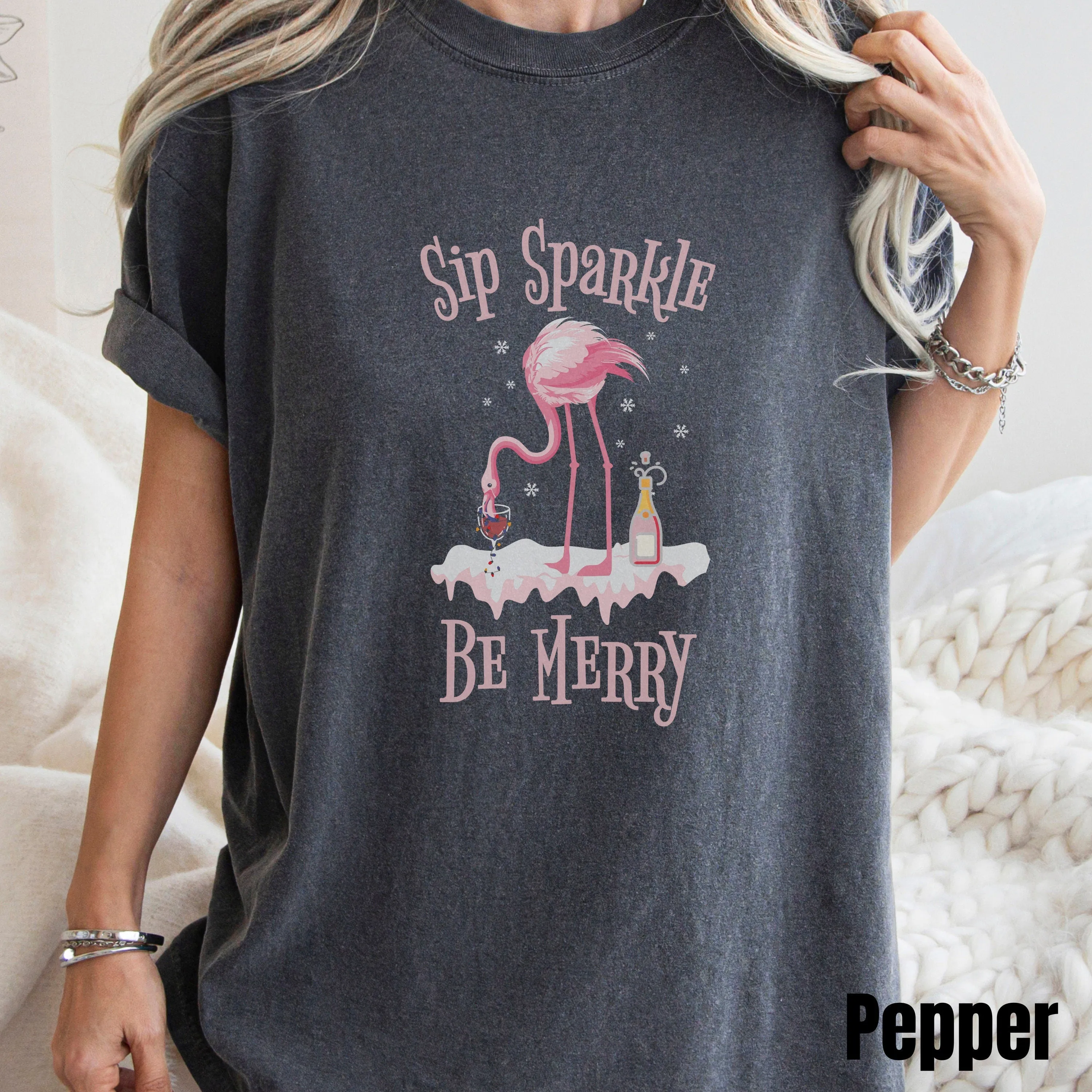 Sip Sparkle Be Merry Comfort Color Shirt, Christmas Champagne Shirt, Flamingo Christmas in July Shirt