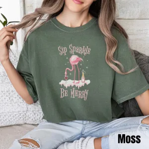 Sip Sparkle Be Merry Comfort Color Shirt, Christmas Champagne Shirt, Flamingo Christmas in July Shirt