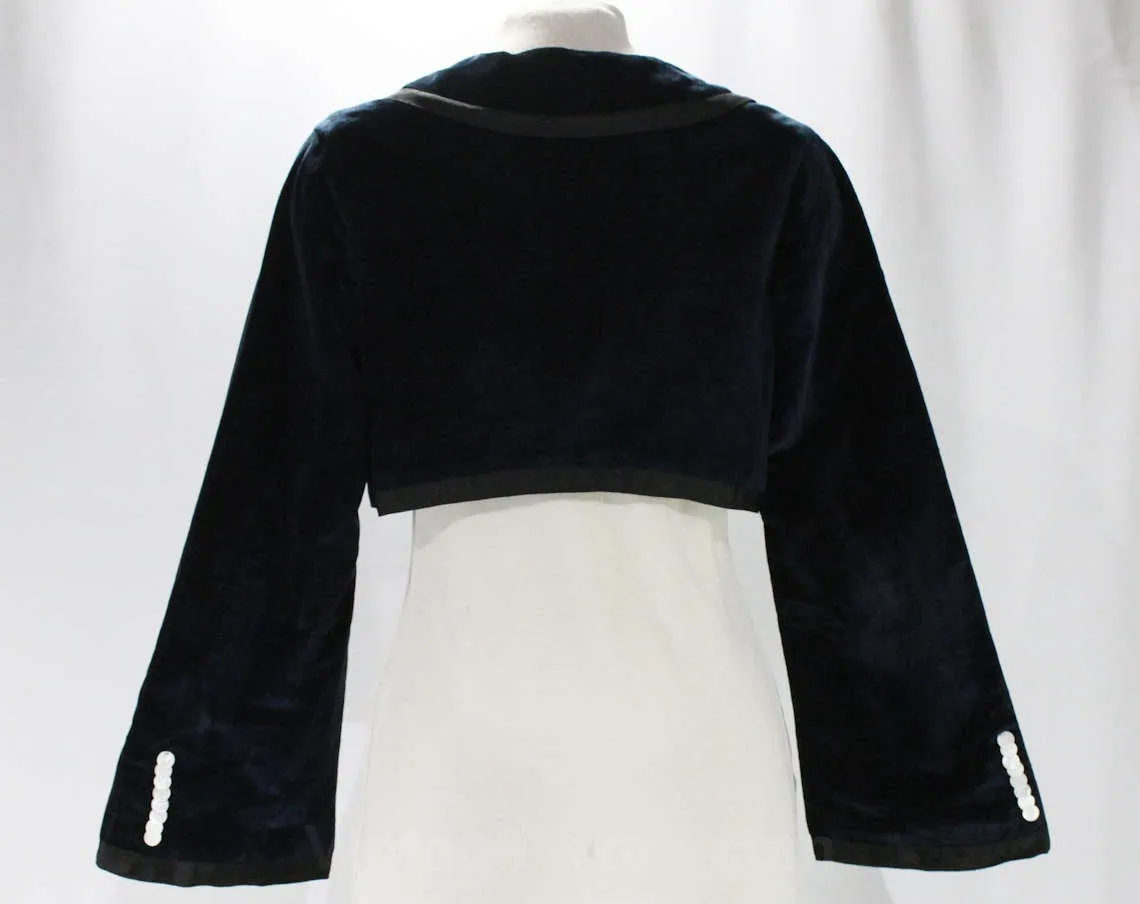 Size 10 Victorian Jacket - Antique 1800s Navy Blue Velveteen Coat - 1860s 1870s Civil War Era Bell Sleeves - Mother-of-Pearl - Floral Lining