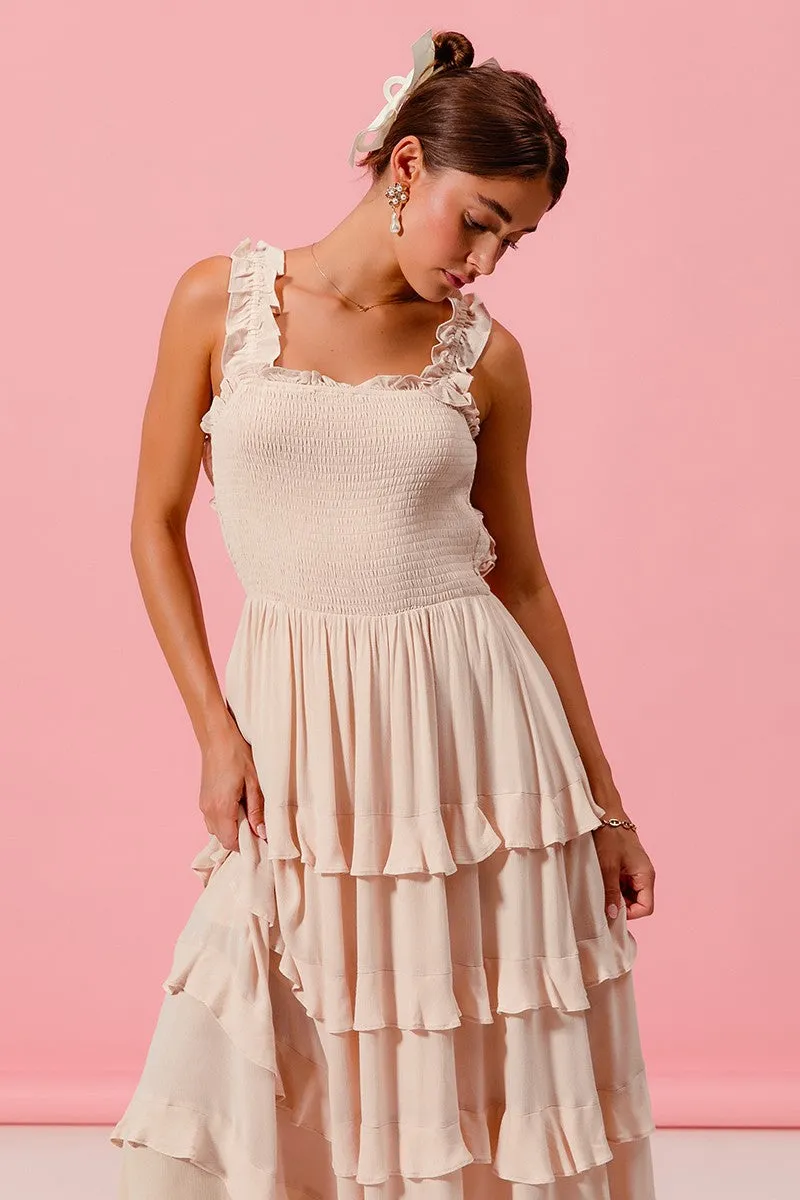 SMOCKED RUFFLE TIER MAXI DRESS WITH OPEN BACK (C28)