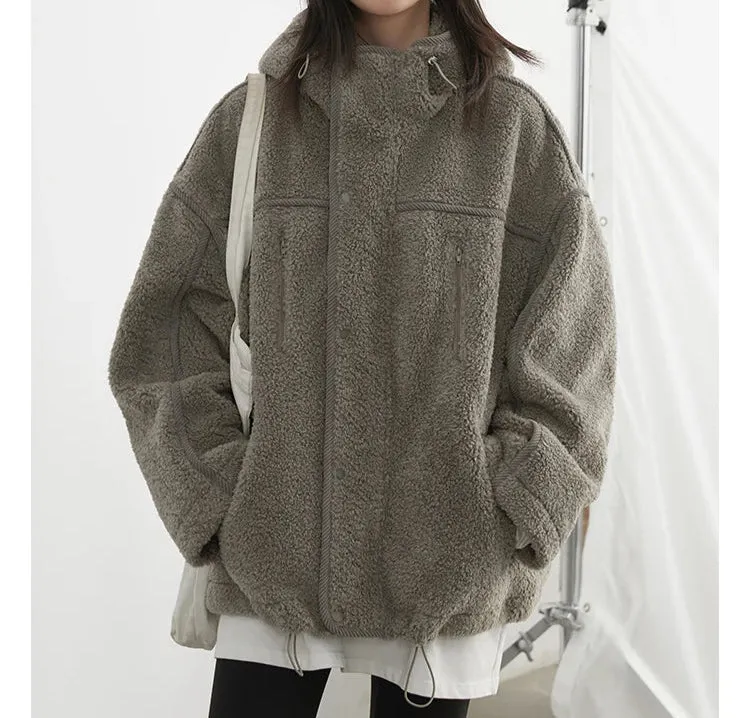 Solid Loose Hooded Stand Up Collar Jacket