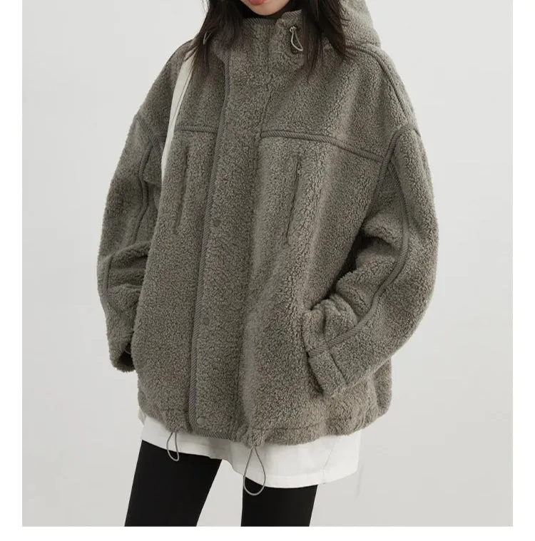 Solid Loose Hooded Stand Up Collar Jacket