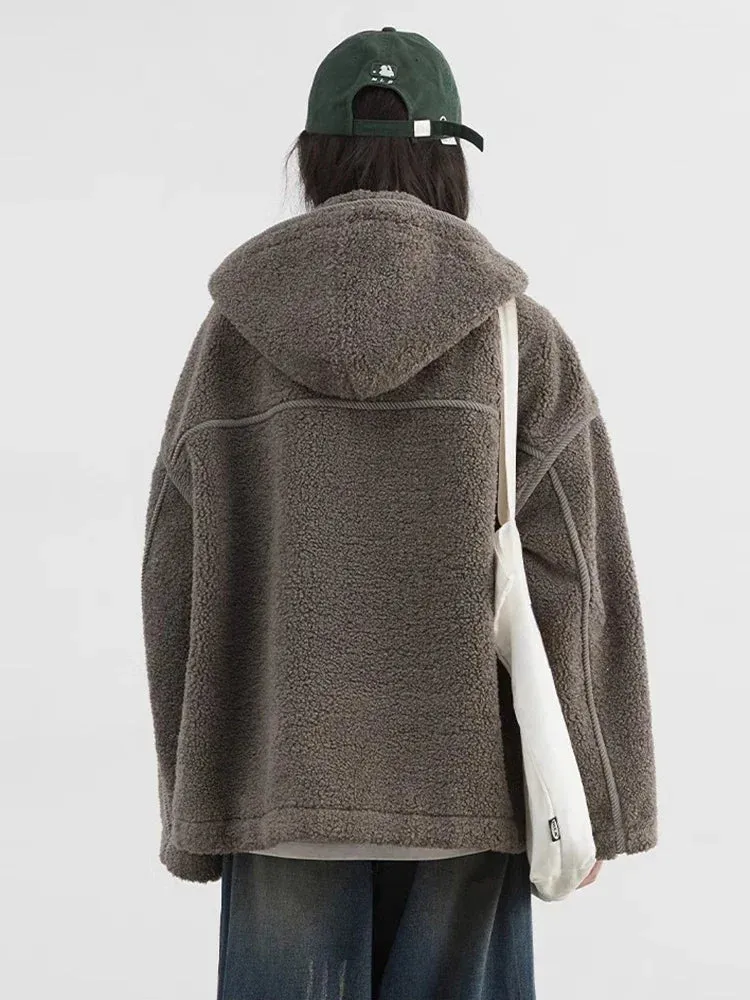 Solid Loose Hooded Stand Up Collar Jacket