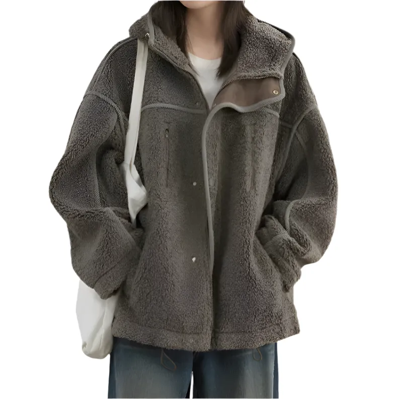 Solid Loose Hooded Stand Up Collar Jacket