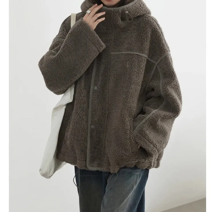 Solid Loose Hooded Stand Up Collar Jacket