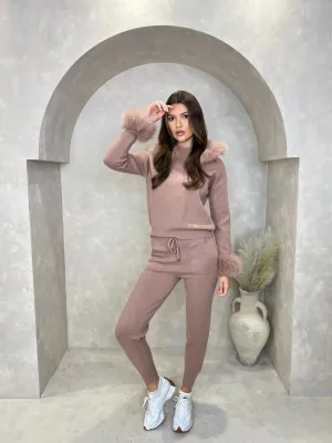 Taupe Luxury Fur Trim Hood & Cuff Jogger Tracksuit