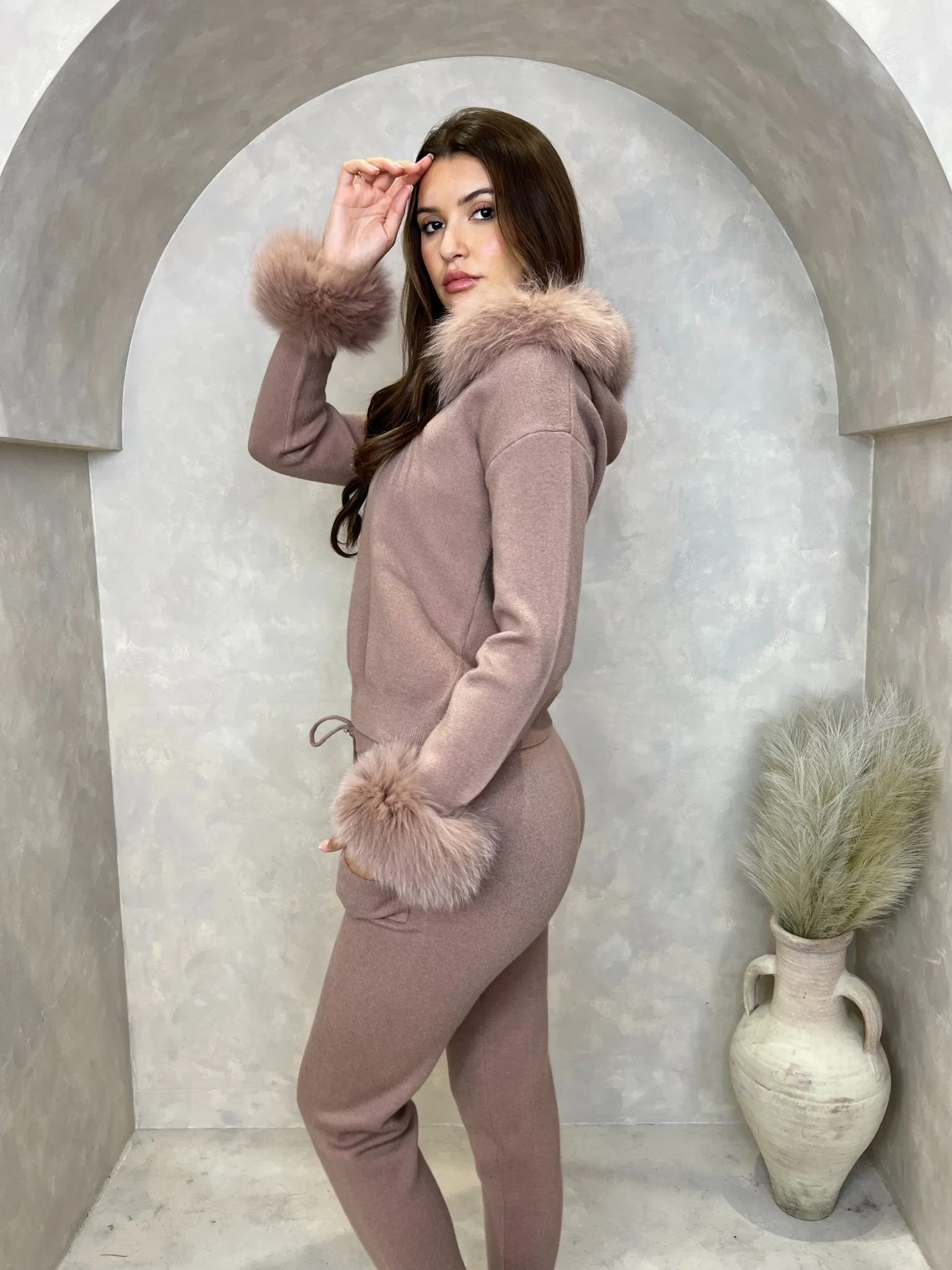 Taupe Luxury Fur Trim Hood & Cuff Jogger Tracksuit