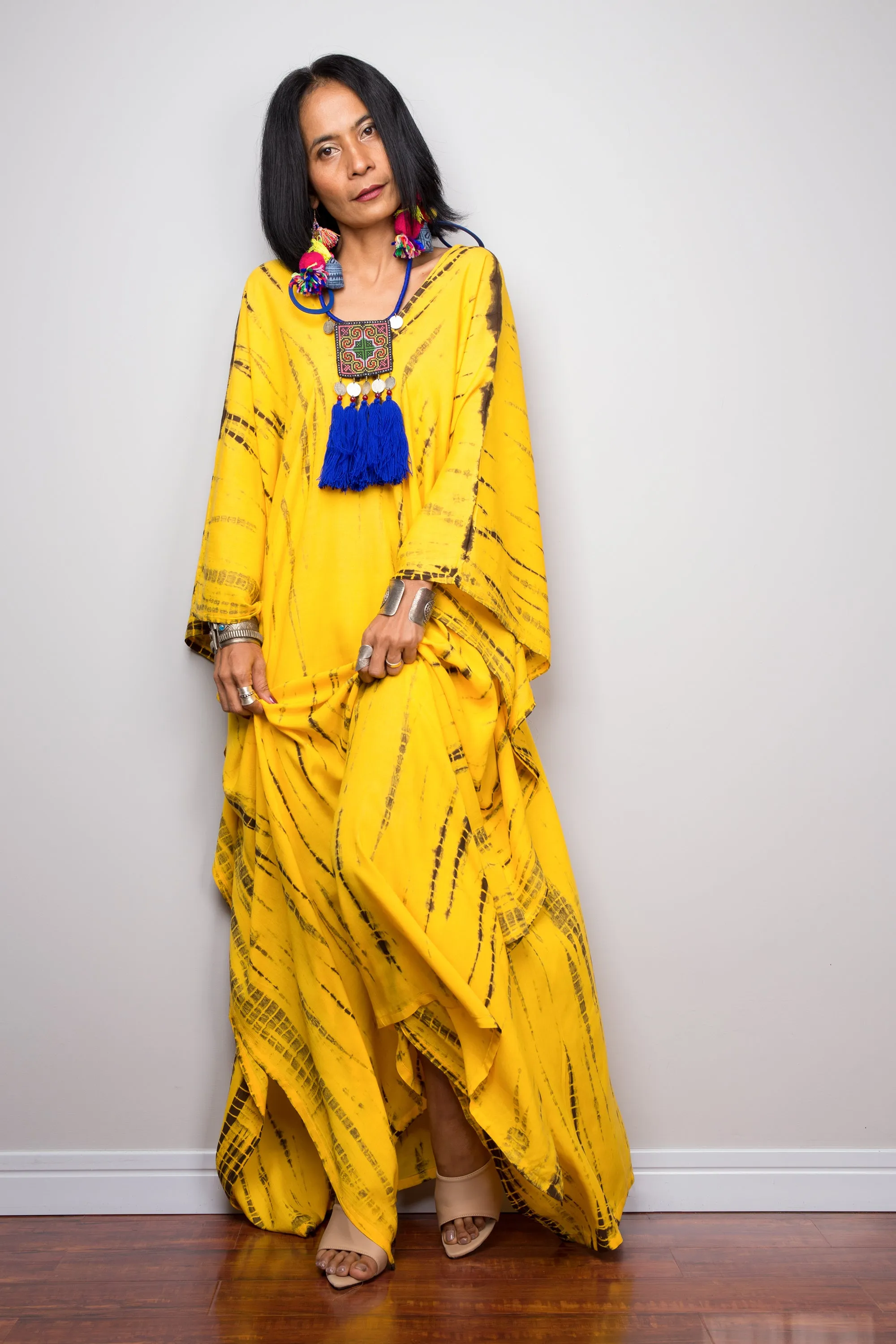 Tie dye kaftan, Beach dress, Long Yellow Maxi dress, resort Kaftan, Summer kaftan,