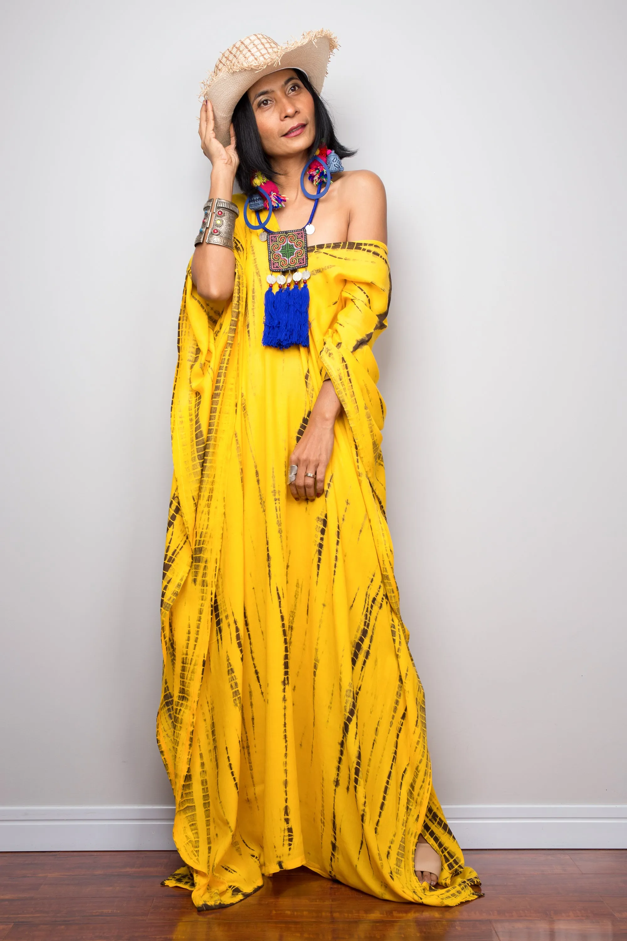 Tie dye kaftan, Beach dress, Long Yellow Maxi dress, resort Kaftan, Summer kaftan,