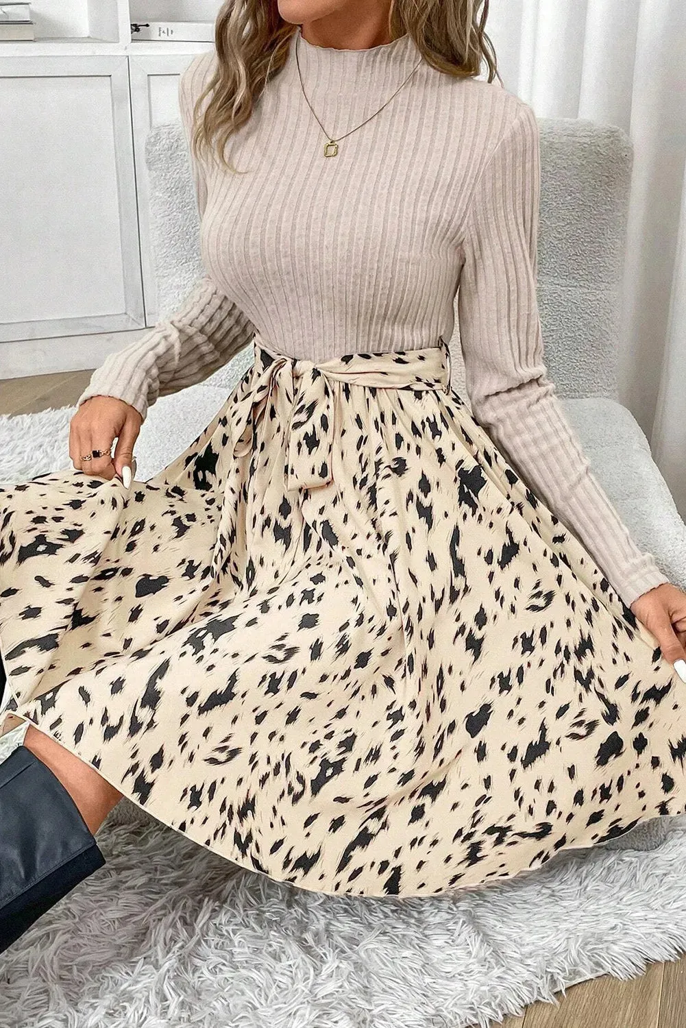 Tied Printed Mock Neck Long Sleeve Dress | Fall Dresses | Casual Dresses